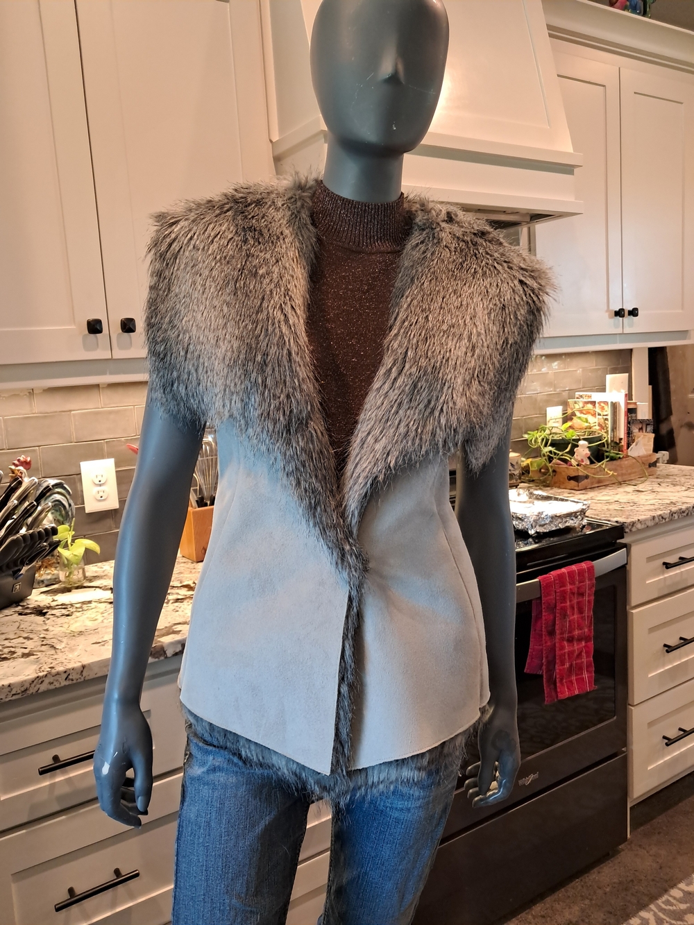Daniel Cremieux Gray Faux Fur-Trim Suede Vest